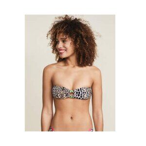 Reina Olga Swim Bikini Top Band Camp Black Tan Leopard Print Bandeau Size L